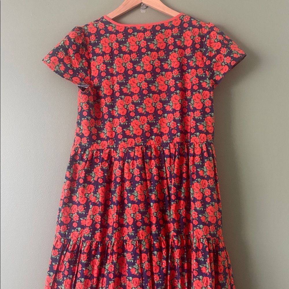 Ivy City Red Navy Floral Short Sleeve Cotton Midi Tiered Dress Sz M - Picture 7 of 8